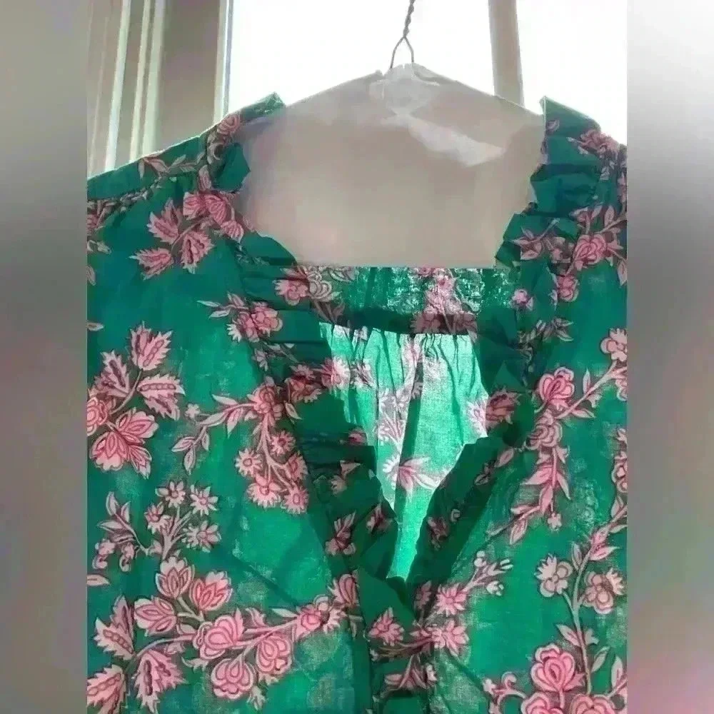 JCREW XS Sleeveless Ruffle Pink Green Top